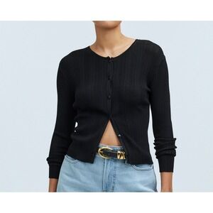 Madewell Women Micro Rib Knit Cardigan Small Black Academia Preppy Classic